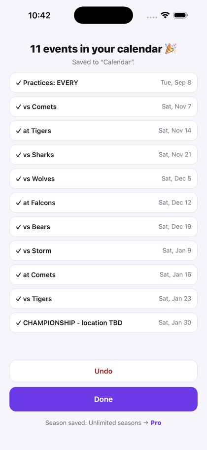 Confirmation screen showing eleven events saved to Apple Calendar