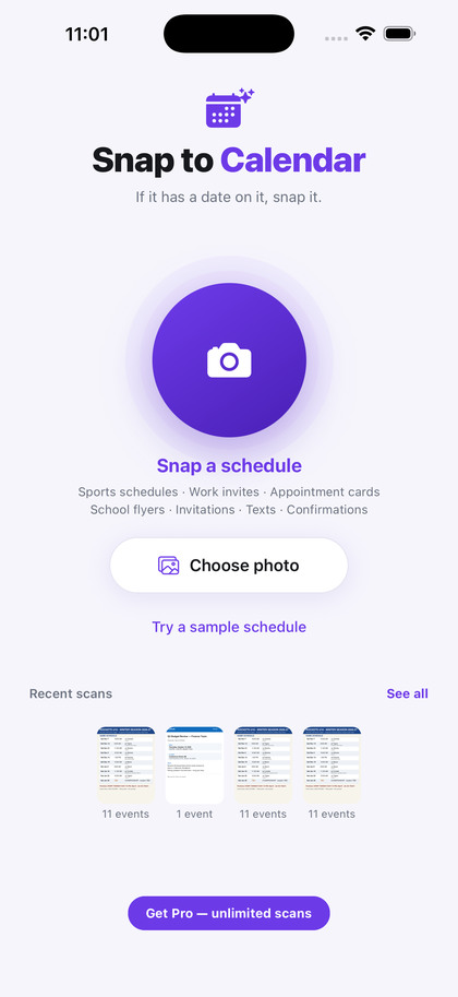 Snap to Calendar home screen