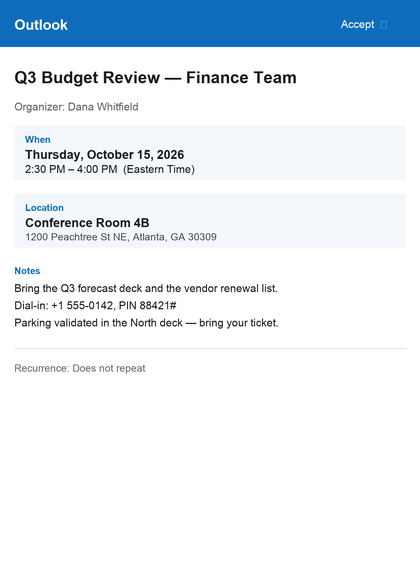 A screenshot of an Outlook meeting invite