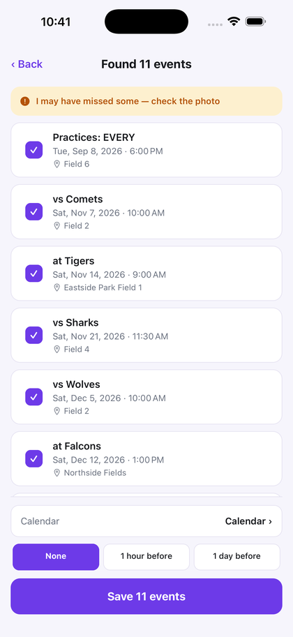 Review screen showing extracted events before saving