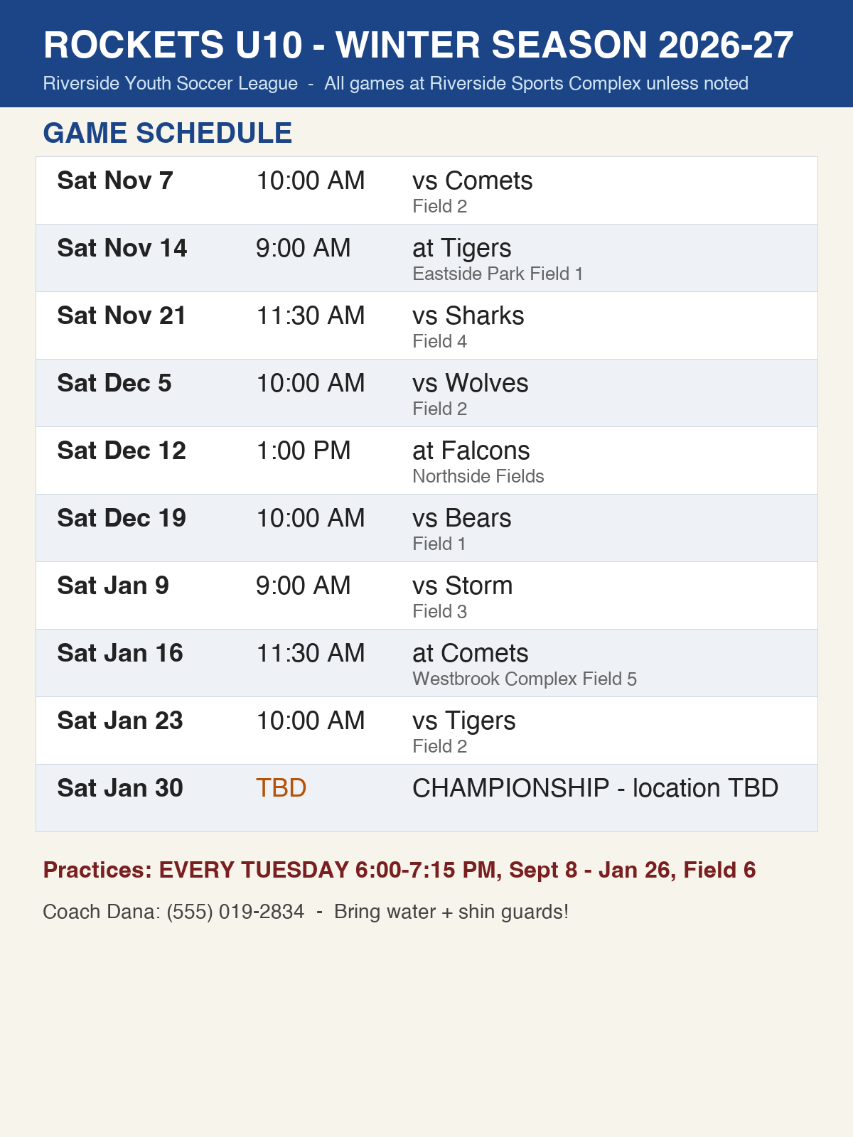 A sample sports schedule with multiple dated rows