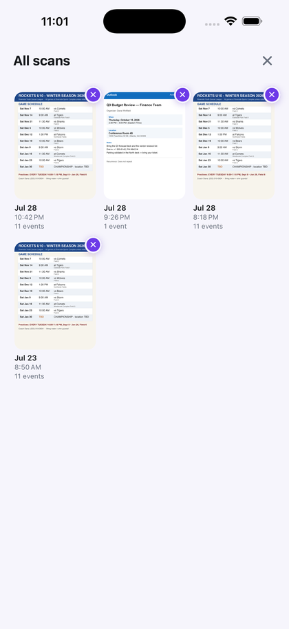 All scans screen showing saved schedule photos